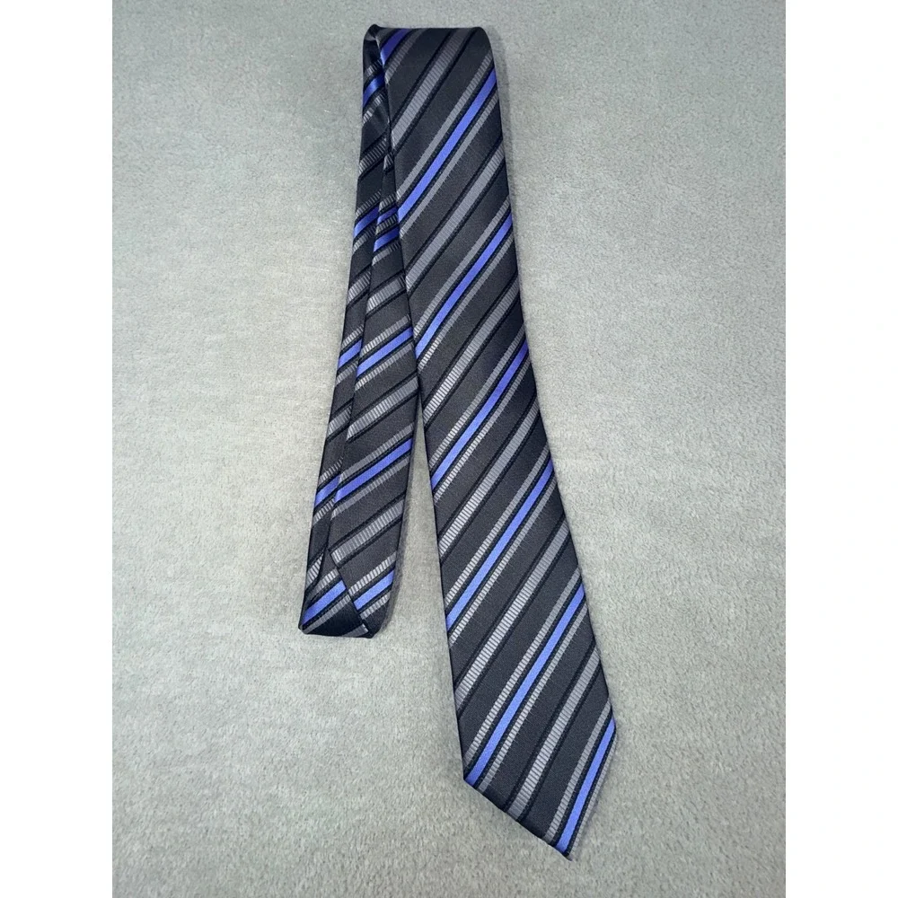 Versa Collezioni‎ Mens Blue Grey Black Striped Necktie Handmade Polyester Tie